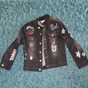 Kids' Black Denim Jacket with Colorful Patches
